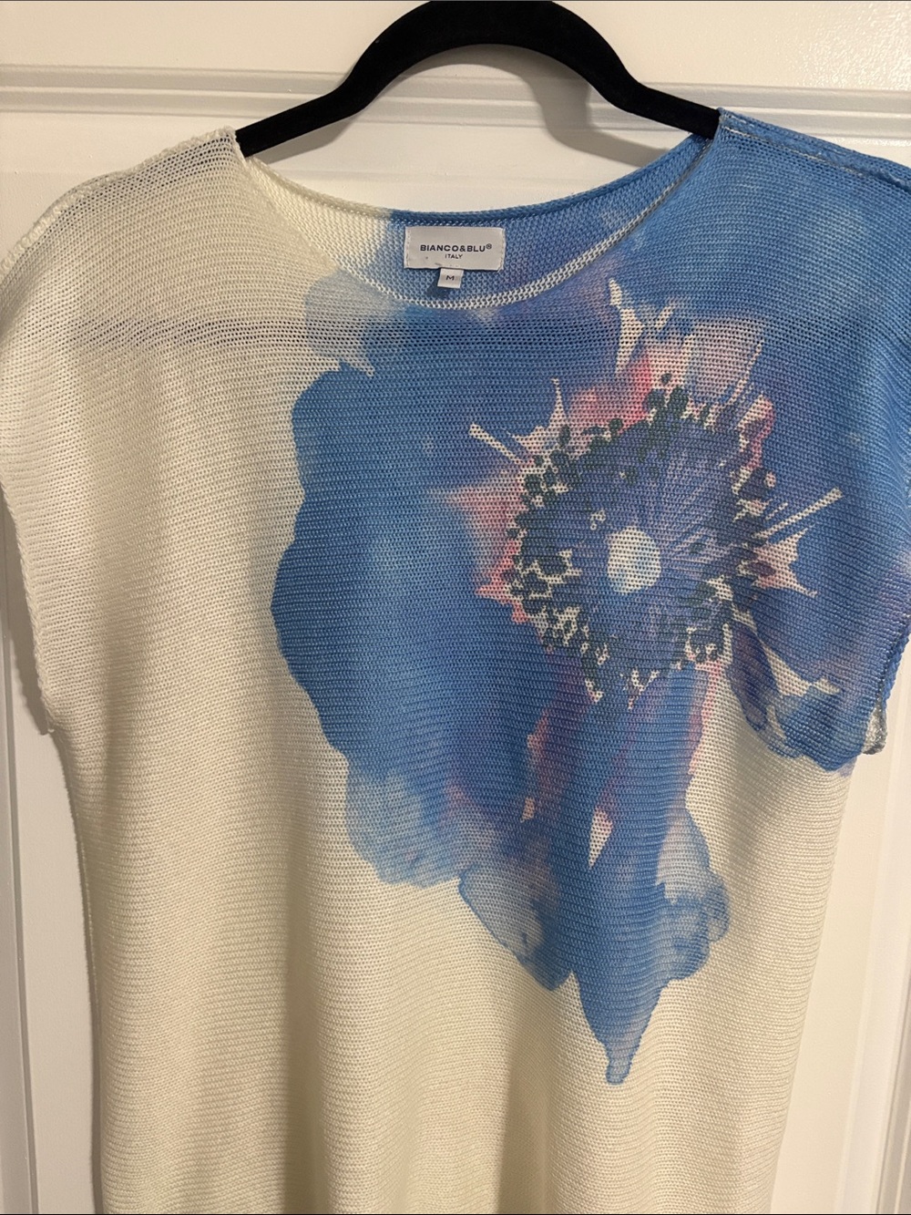 Bianco & Blu Cream Knit Sweater Top with Blue Floral Print